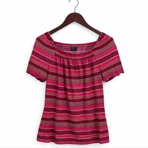 Chaps Pink Red Striped Peasant Top Short Sleeve Boho Blouse Sz Lg